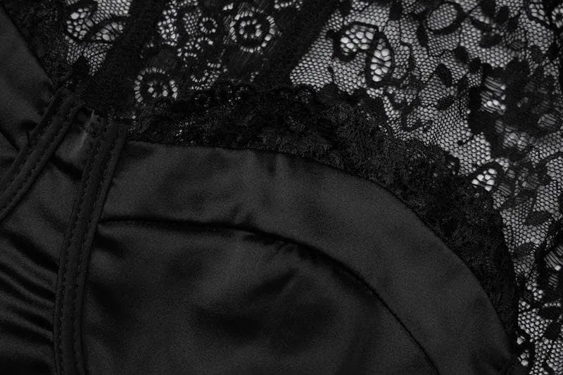 Long sleeve lace zip-up solid backless bustier patchwork top