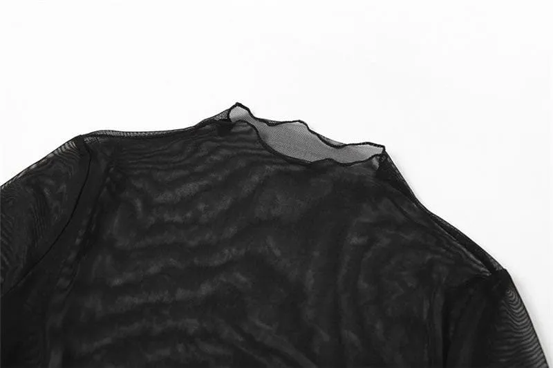Long sleeve mesh high neck ruffle self tie solid 2 piece crop top