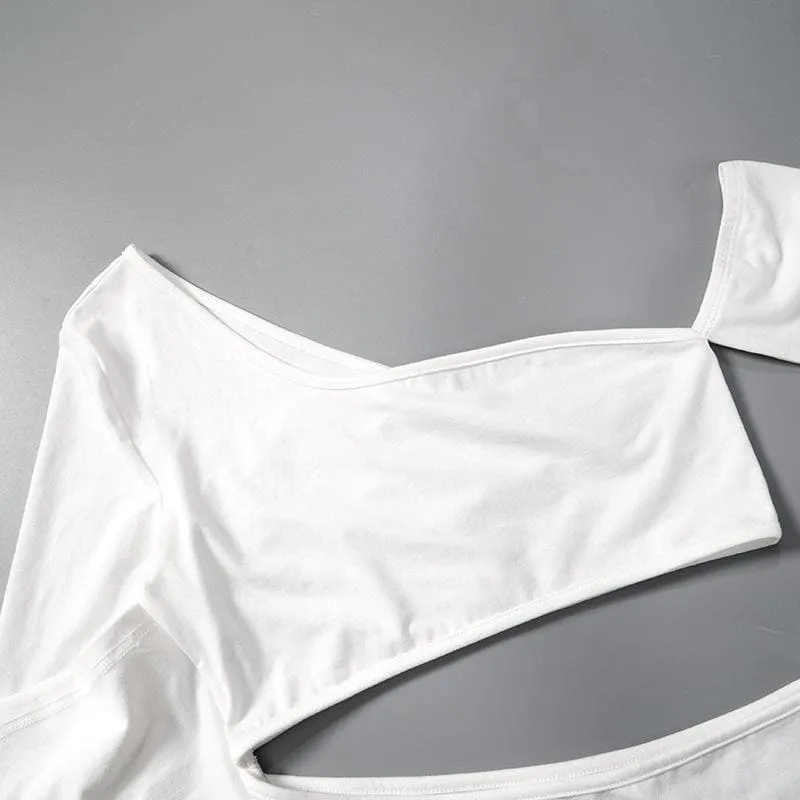 Long sleeve one shoulder hollow out solid irregular backless cut out top
