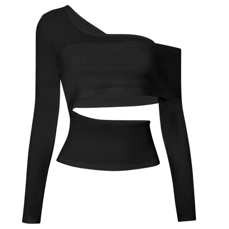 Long sleeve one shoulder hollow out solid irregular backless cut out top