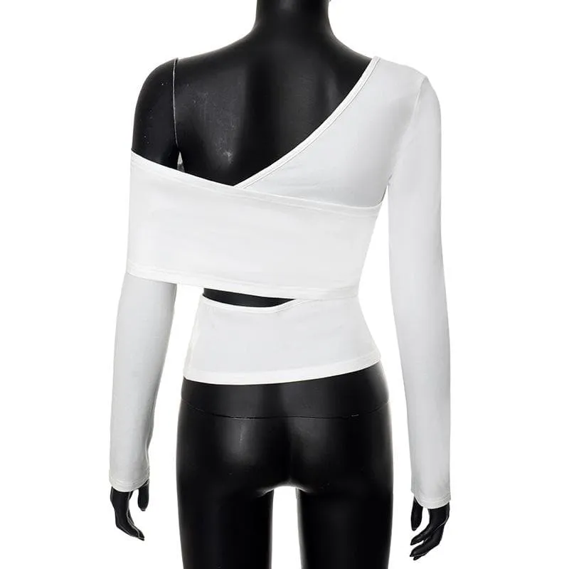Long sleeve one shoulder hollow out solid irregular backless cut out top