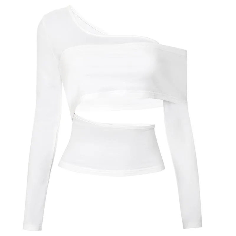 Long sleeve one shoulder hollow out solid irregular backless cut out top