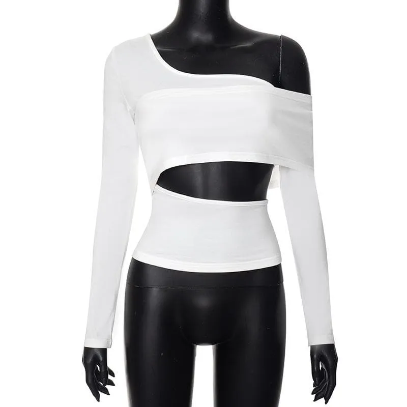 Long sleeve one shoulder hollow out solid irregular backless cut out top