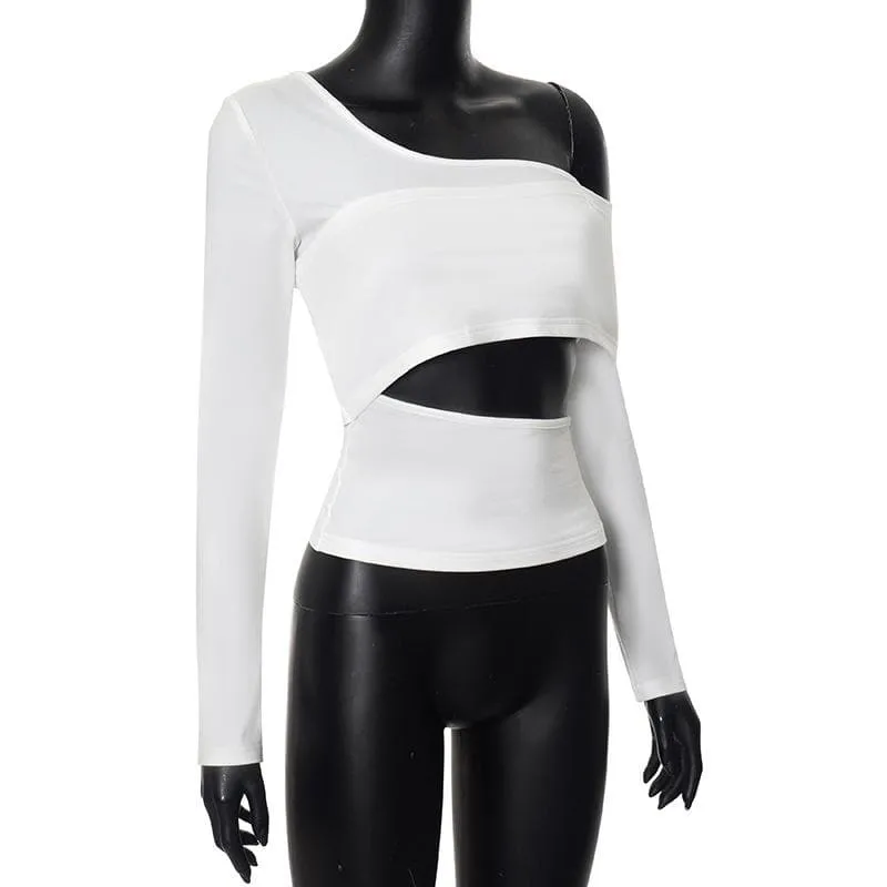 Long sleeve one shoulder hollow out solid irregular backless cut out top
