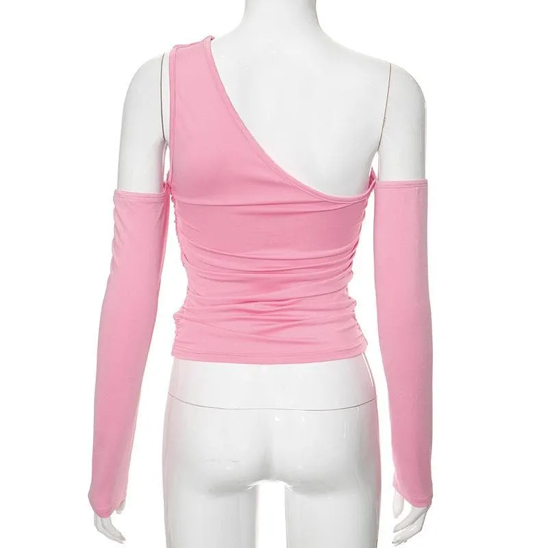Long sleeve one shoulder irregular ruched solid top