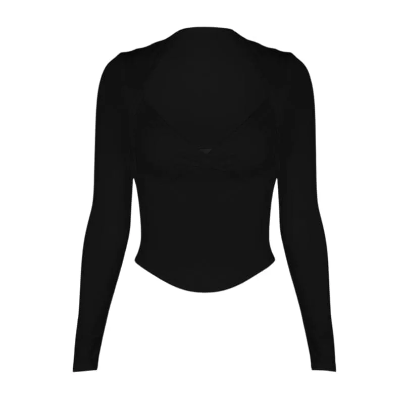 Long sleeve ruched v neck hollow out solid backless cut out top- Final Sale