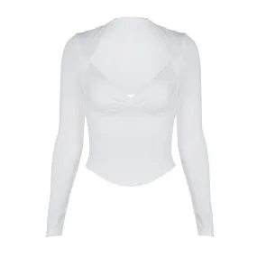 Long sleeve ruched v neck hollow out solid backless cut out top- Final Sale