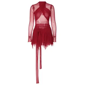 Long sleeve ruffle ruched cross front halter sheer mesh mini dress  | red tango dress  | samba dress  | black rave dress