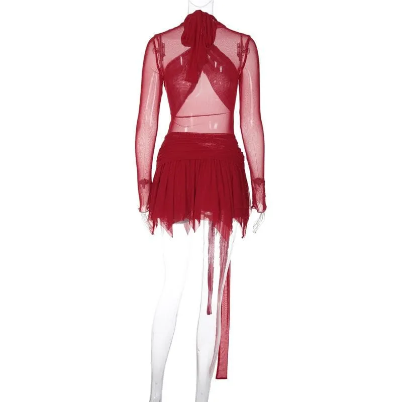 Long sleeve ruffle ruched cross front halter sheer mesh mini dress  | red tango dress  | samba dress  | black rave dress