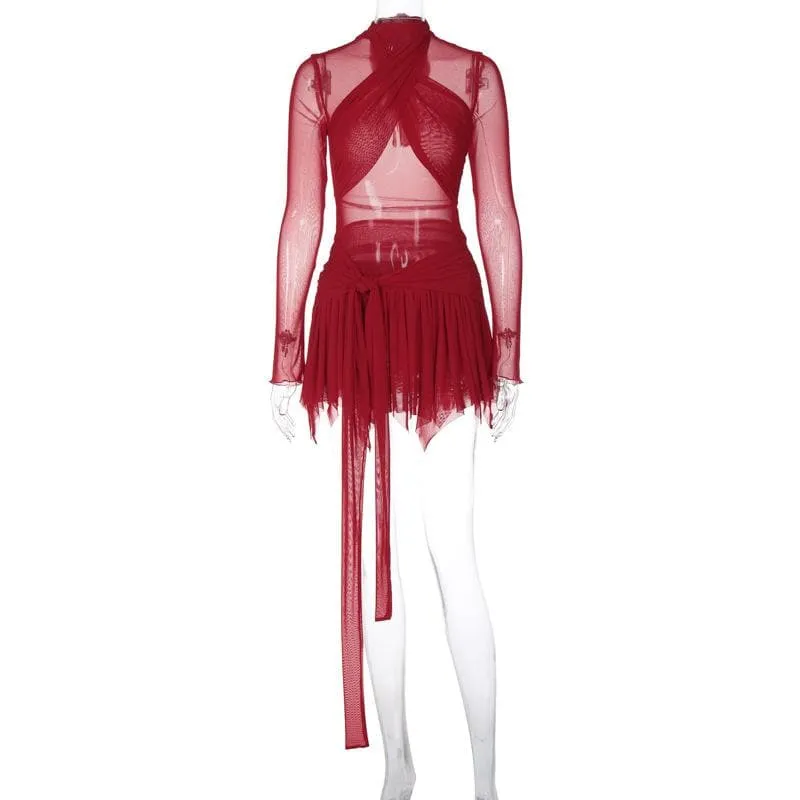 Long sleeve ruffle ruched cross front halter sheer mesh mini dress  | red tango dress  | samba dress  | black rave dress