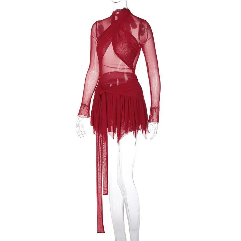 Long sleeve ruffle ruched cross front halter sheer mesh mini dress  | red tango dress  | samba dress  | black rave dress