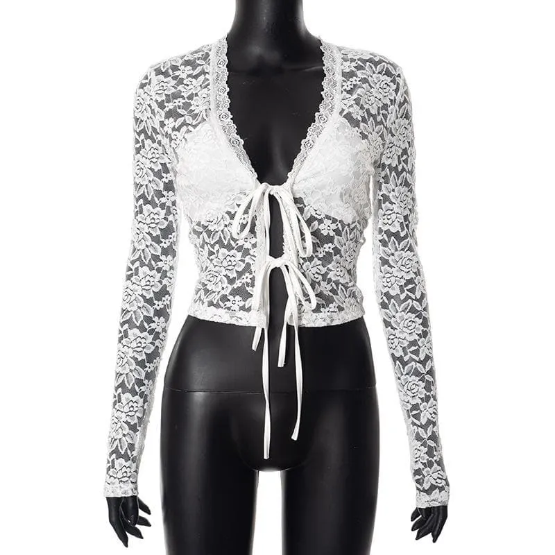 Long sleeve v neck lace self tie solid crop top