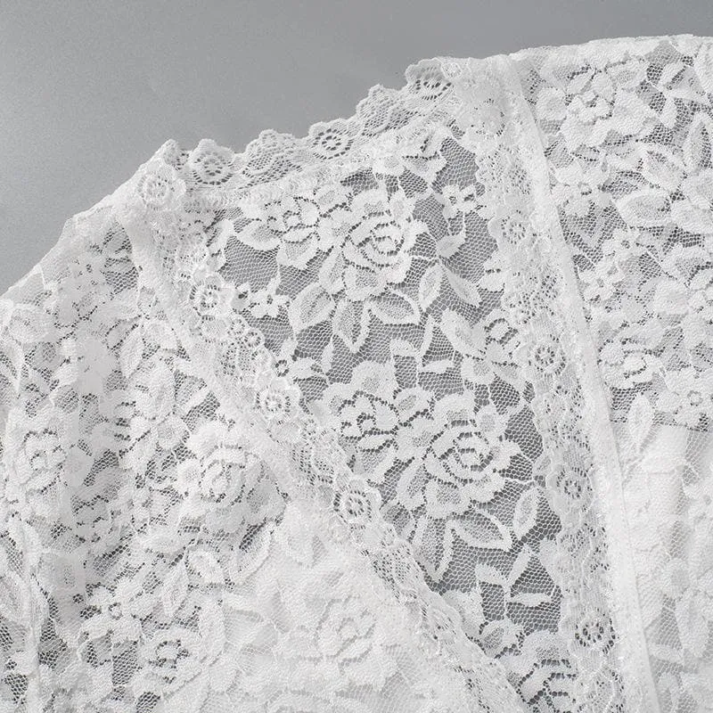 Long sleeve v neck lace self tie solid crop top