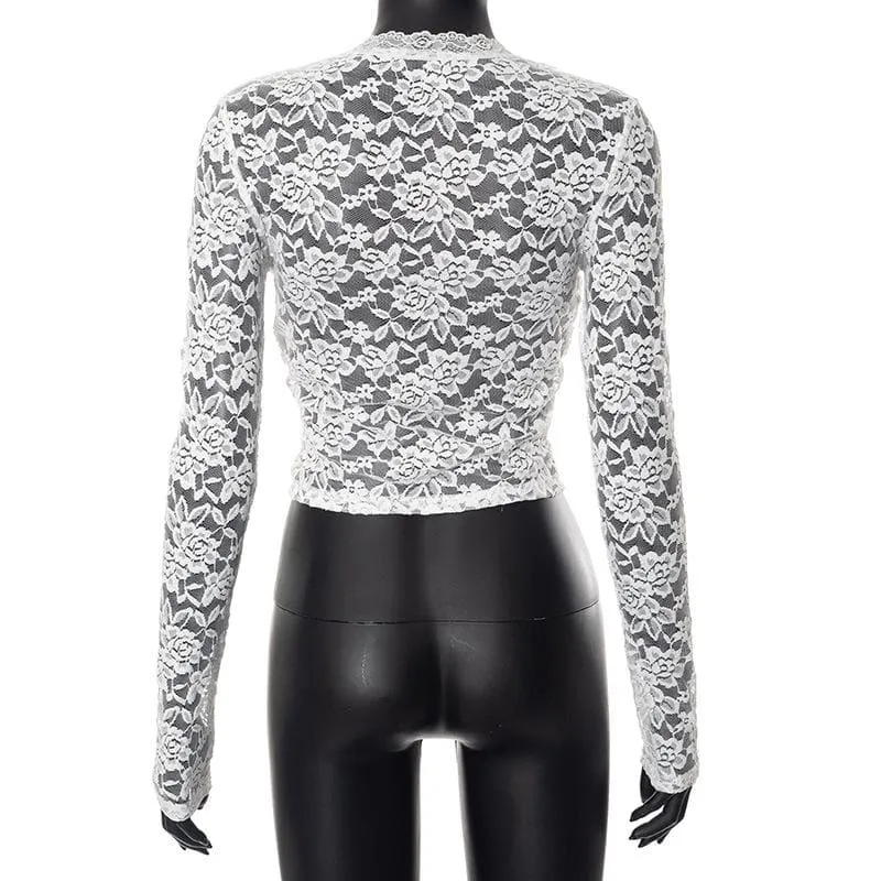 Long sleeve v neck lace self tie solid crop top