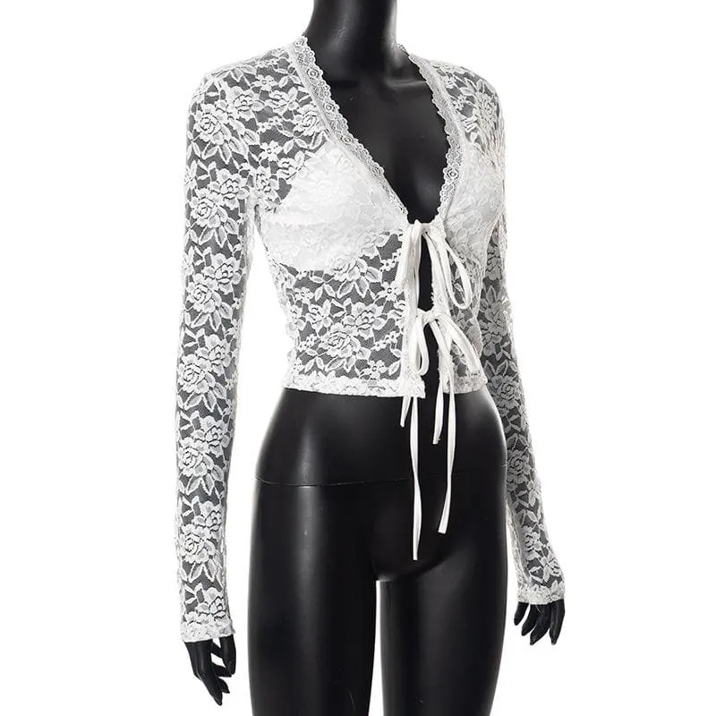 Long sleeve v neck lace self tie solid crop top
