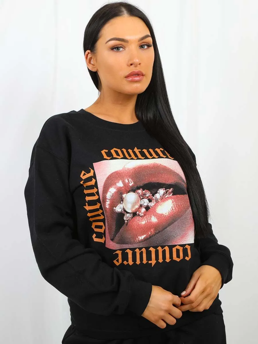 Lorena Couture Lip Graphic Sweatshirt Jumper In Black