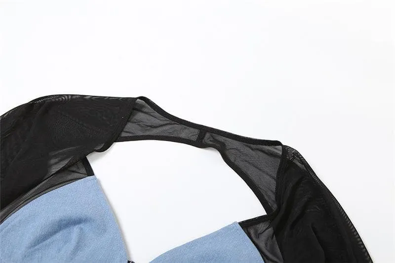 Mesh patchwork contrast long sleeve gloves low cut backless crop top