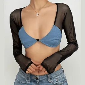 Mesh patchwork contrast long sleeve gloves low cut backless crop top