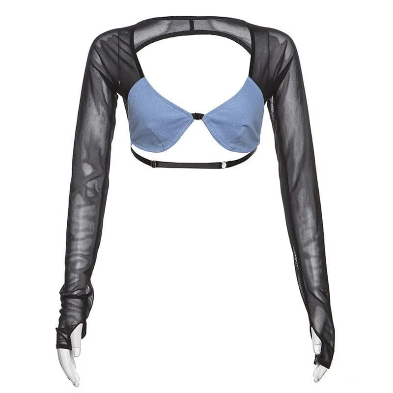 Mesh patchwork contrast long sleeve gloves low cut backless crop top