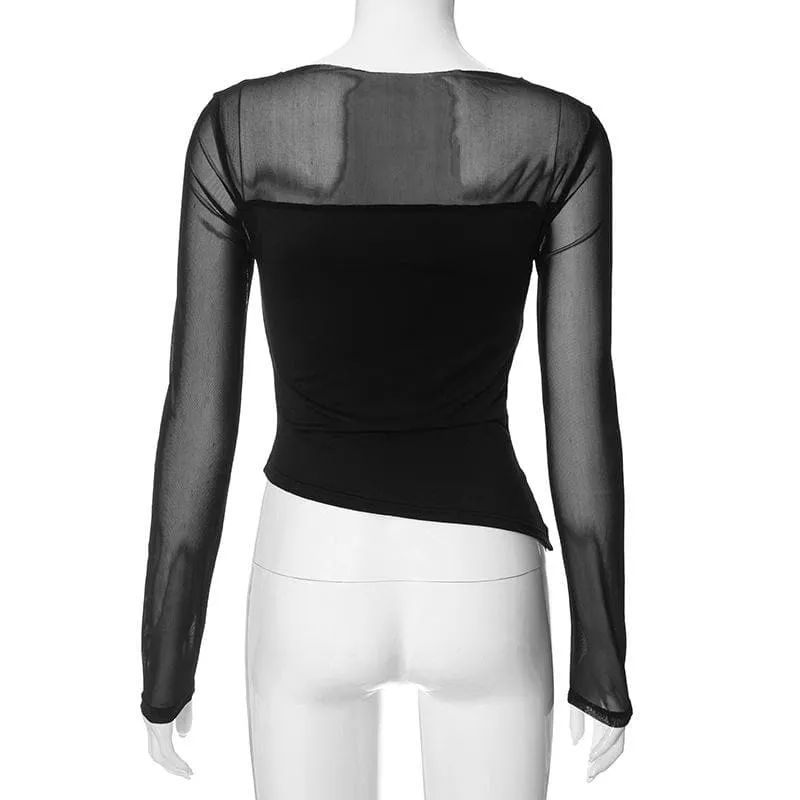 Mesh patchwork irregular solid long sleeve top