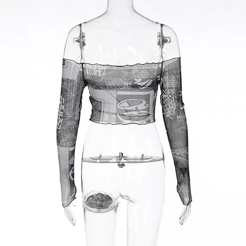 Sheer mesh see through off shoulder stitch contrast crop top