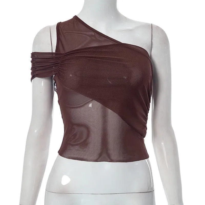 Sheer mesh see through solid one shoulder irregular ruched top