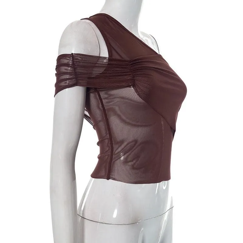 Sheer mesh see through solid one shoulder irregular ruched top