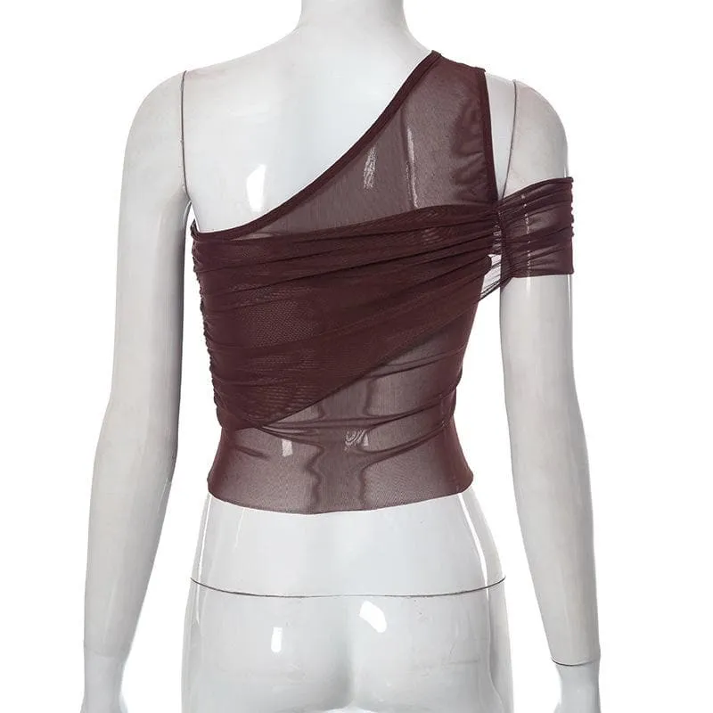 Sheer mesh see through solid one shoulder irregular ruched top