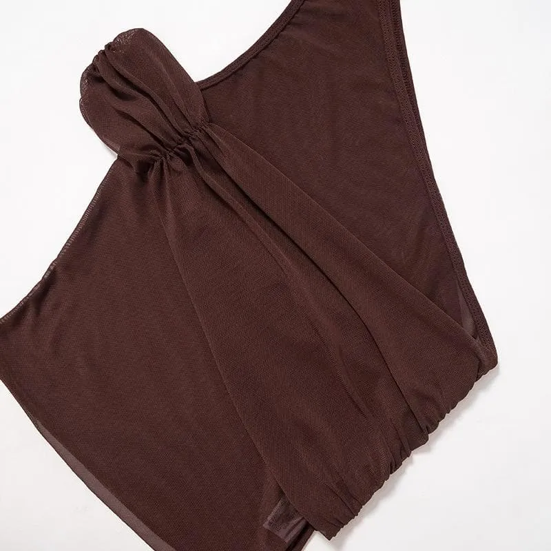 Sheer mesh see through solid one shoulder irregular ruched top