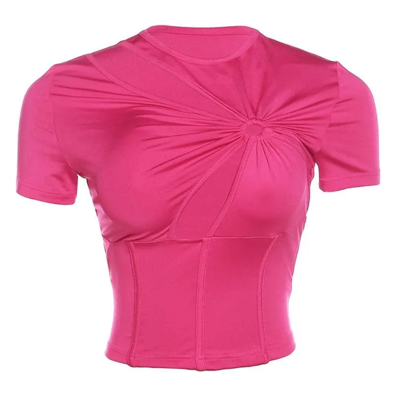 Short sleeve crewneck ruched hollow out corset cut out top