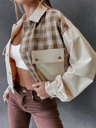 Snap Down Color Block Plaid Jacket