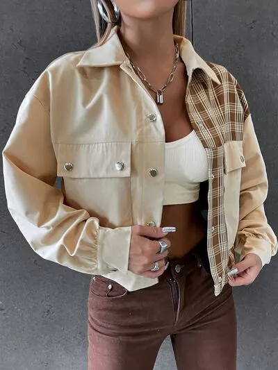 Snap Down Color Block Plaid Jacket