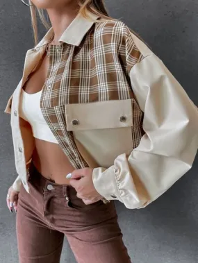 Snap Down Color Block Plaid Jacket