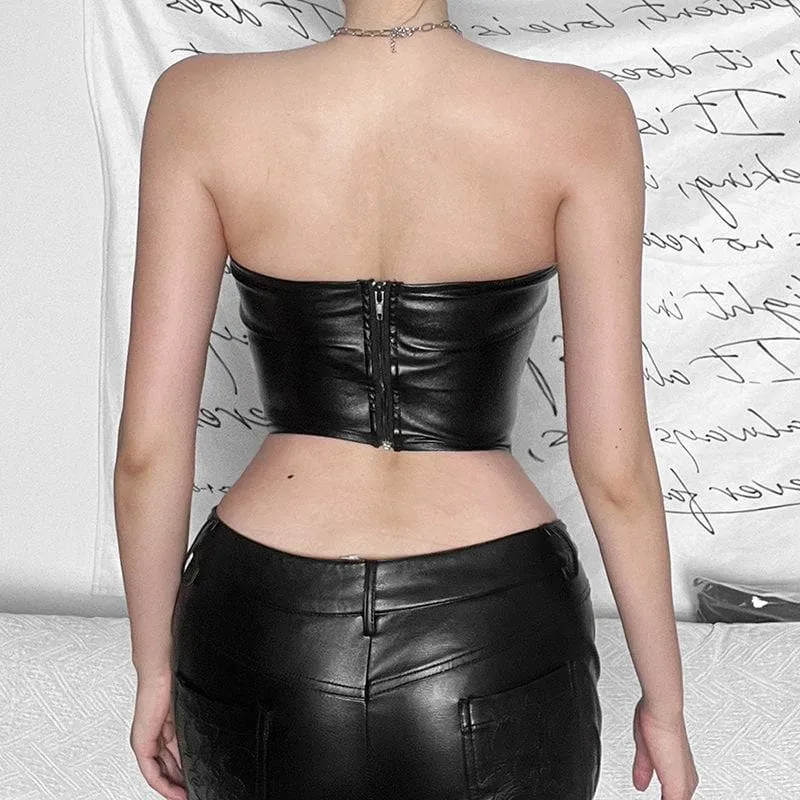 Solid PU leather zip-up v neck backless bustier tube crop top