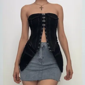 Stitch pocket button contrast backless denim tube top