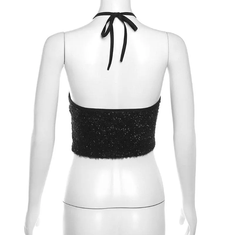 Textured halter self tie backless solid crop top