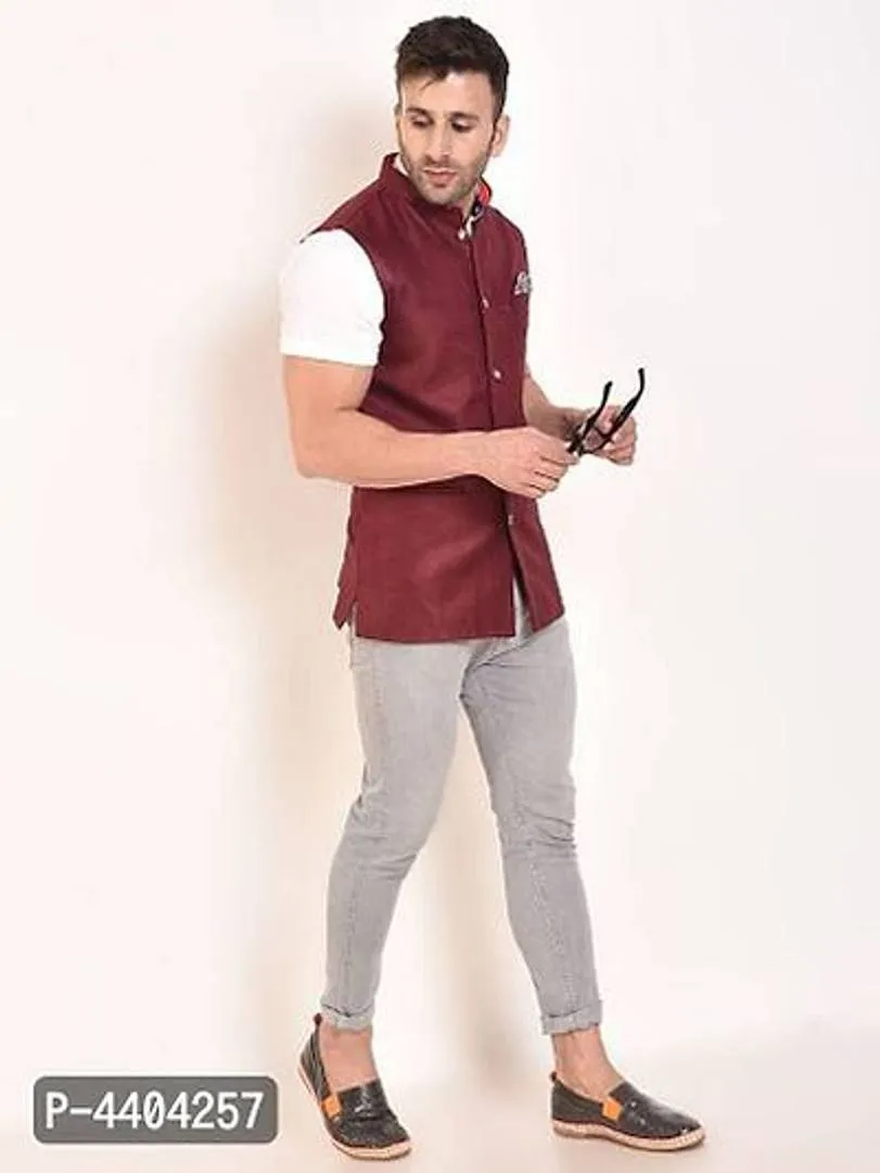TRANOLI Fashionable Maroon Jute Solid Waistcoat For Men