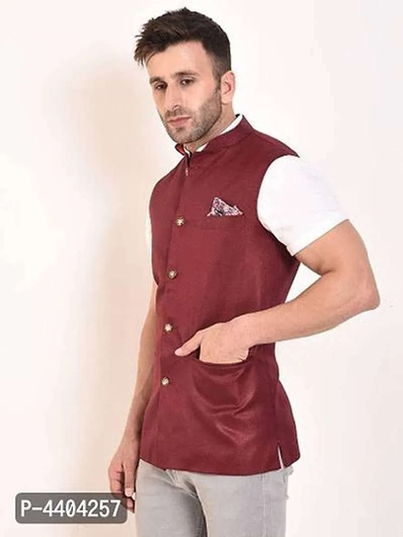 TRANOLI Fashionable Maroon Jute Solid Waistcoat For Men