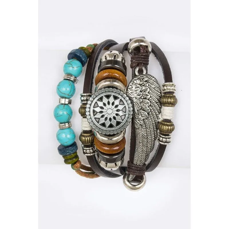 Wing & Beads Mix Leather Bracelet Set