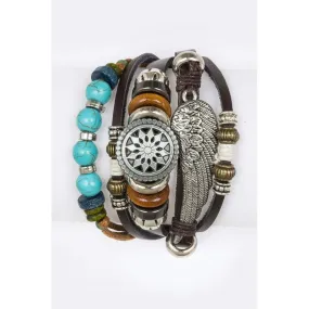 Wing & Beads Mix Leather Bracelet Set