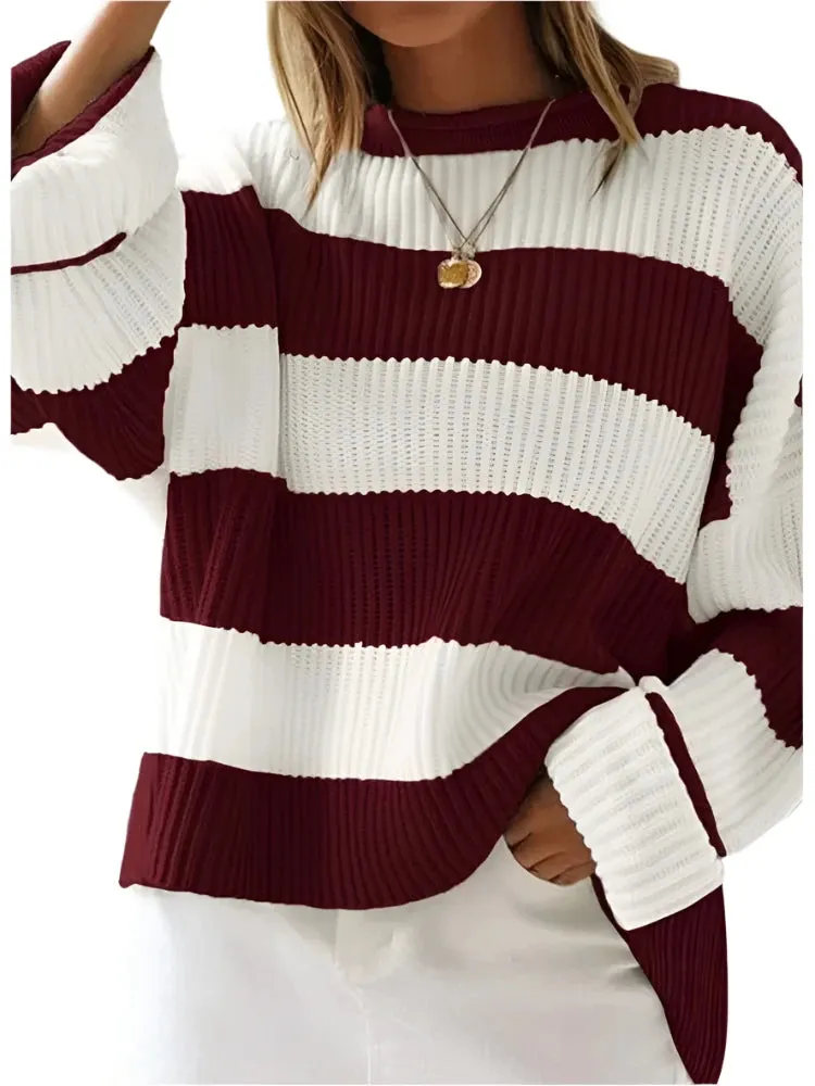 Women's Striped Knitted Sweater - O-Neck, Bell Sleeve, Loose Fit, Y2K Preppy Style, Autumn Winter Fashion