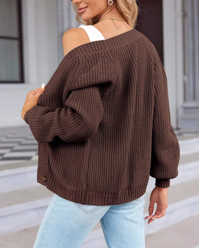Zeagoo Women's 2023 Fall Chunky Knit Cardigans Open Front Long Sleeve V Neck Button Loose Cardigan Sweaters