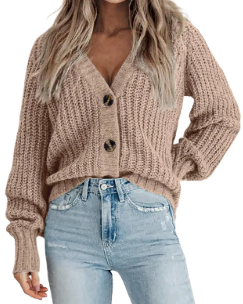 Zeagoo Women's 2023 Fall Chunky Knit Cardigans Open Front Long Sleeve V Neck Button Loose Cardigan Sweaters