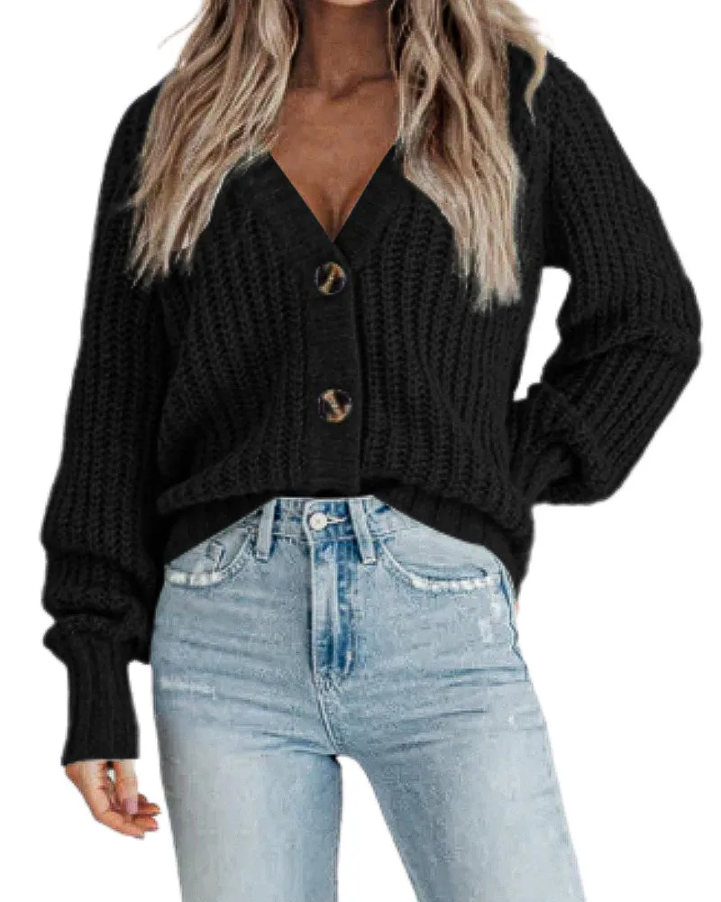 Zeagoo Women's 2023 Fall Chunky Knit Cardigans Open Front Long Sleeve V Neck Button Loose Cardigan Sweaters