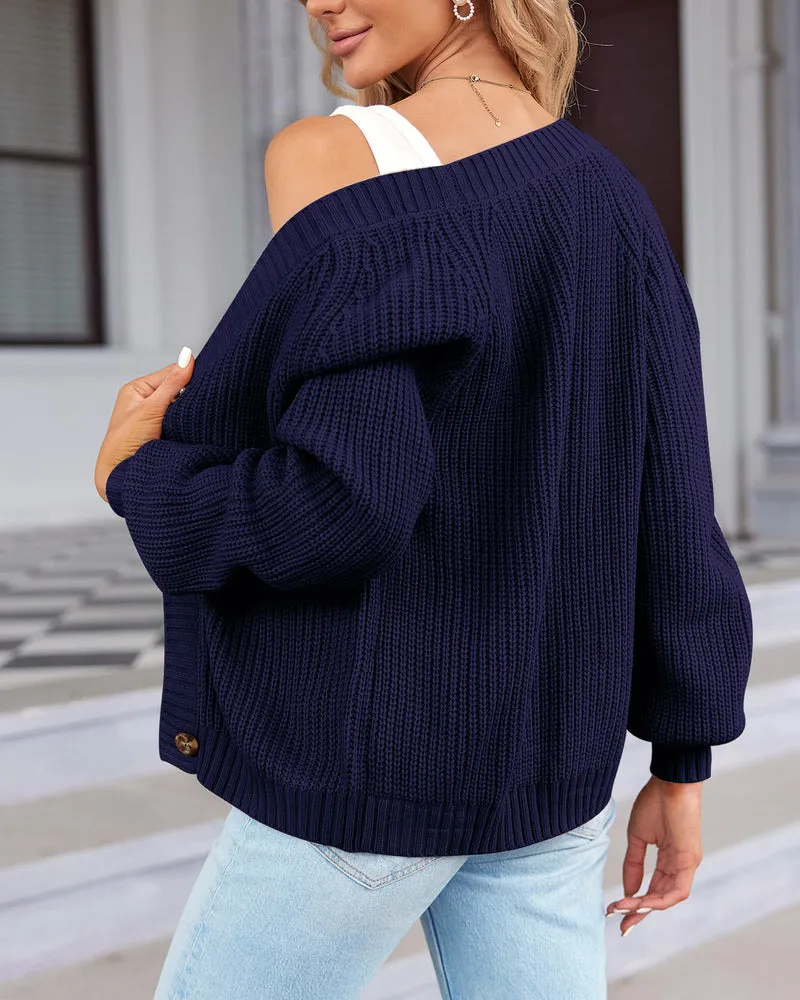 Zeagoo Women's 2023 Fall Chunky Knit Cardigans Open Front Long Sleeve V Neck Button Loose Cardigan Sweaters