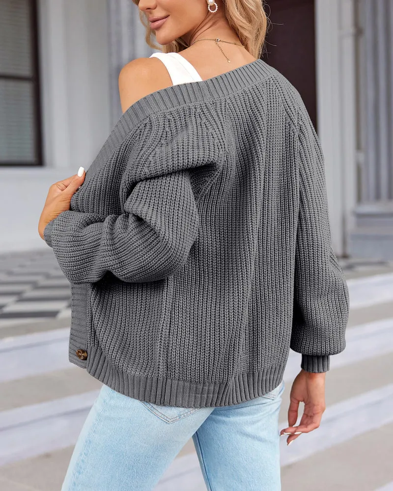 Zeagoo Women's 2023 Fall Chunky Knit Cardigans Open Front Long Sleeve V Neck Button Loose Cardigan Sweaters