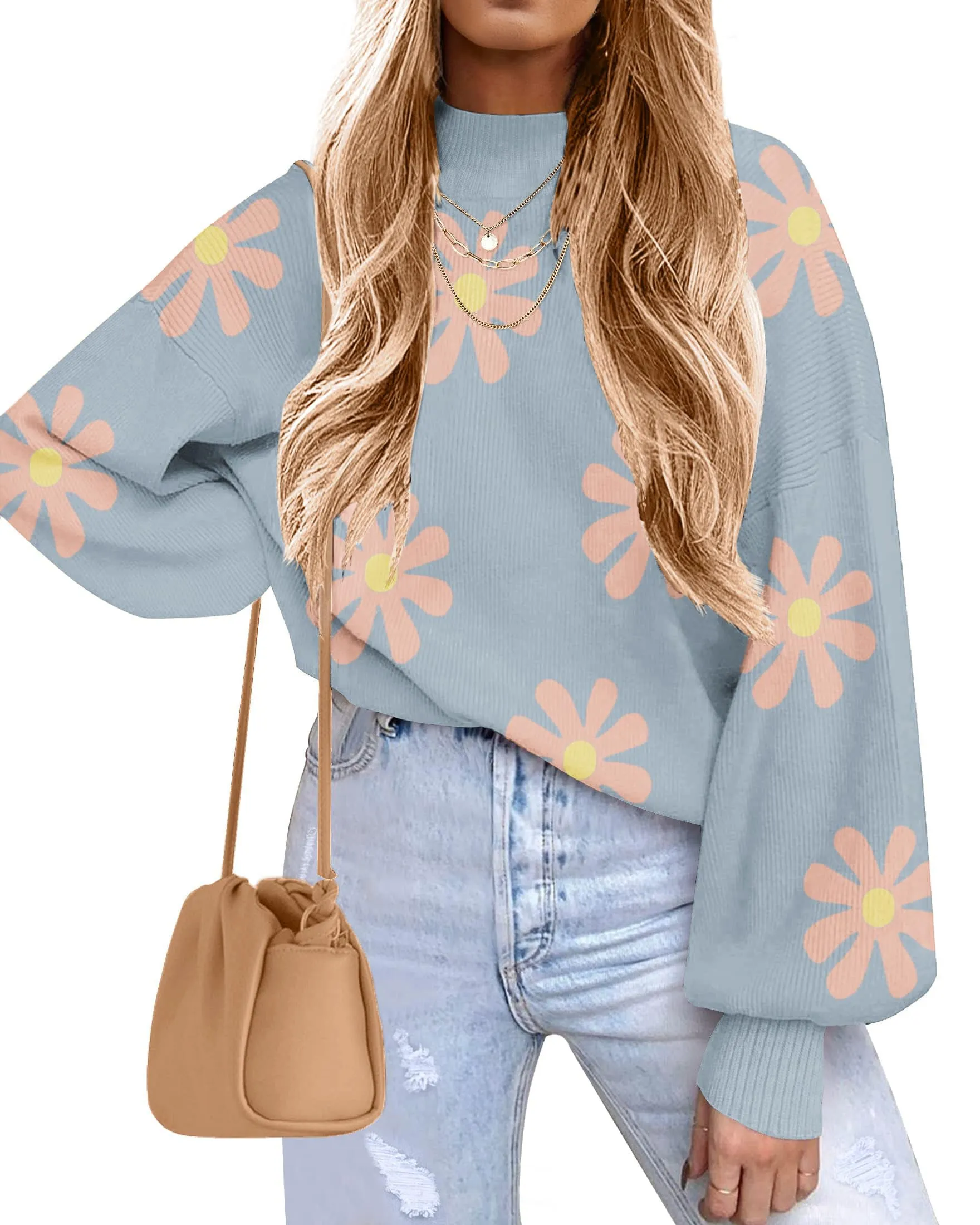Zeagoo Women's 2023 Fall Fashion Turtleneck Sweaters Long Sleeve Lantern Ribbed Knit Chunky Loose Pullover Jumper Tops
